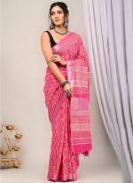 Pure Linen Cotton Pink Casual Wear Pure Hand Work Saree